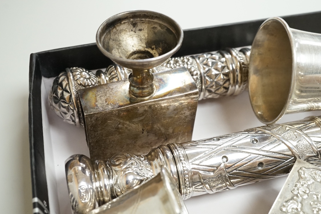 A small group of assorted continental 925 and other white metal items including a Judaic scroll holder, a Torah pointer?(lacking pointer), an Israeli ashtray, three Judaic match sleeves, two 925 handled servers and an Ir